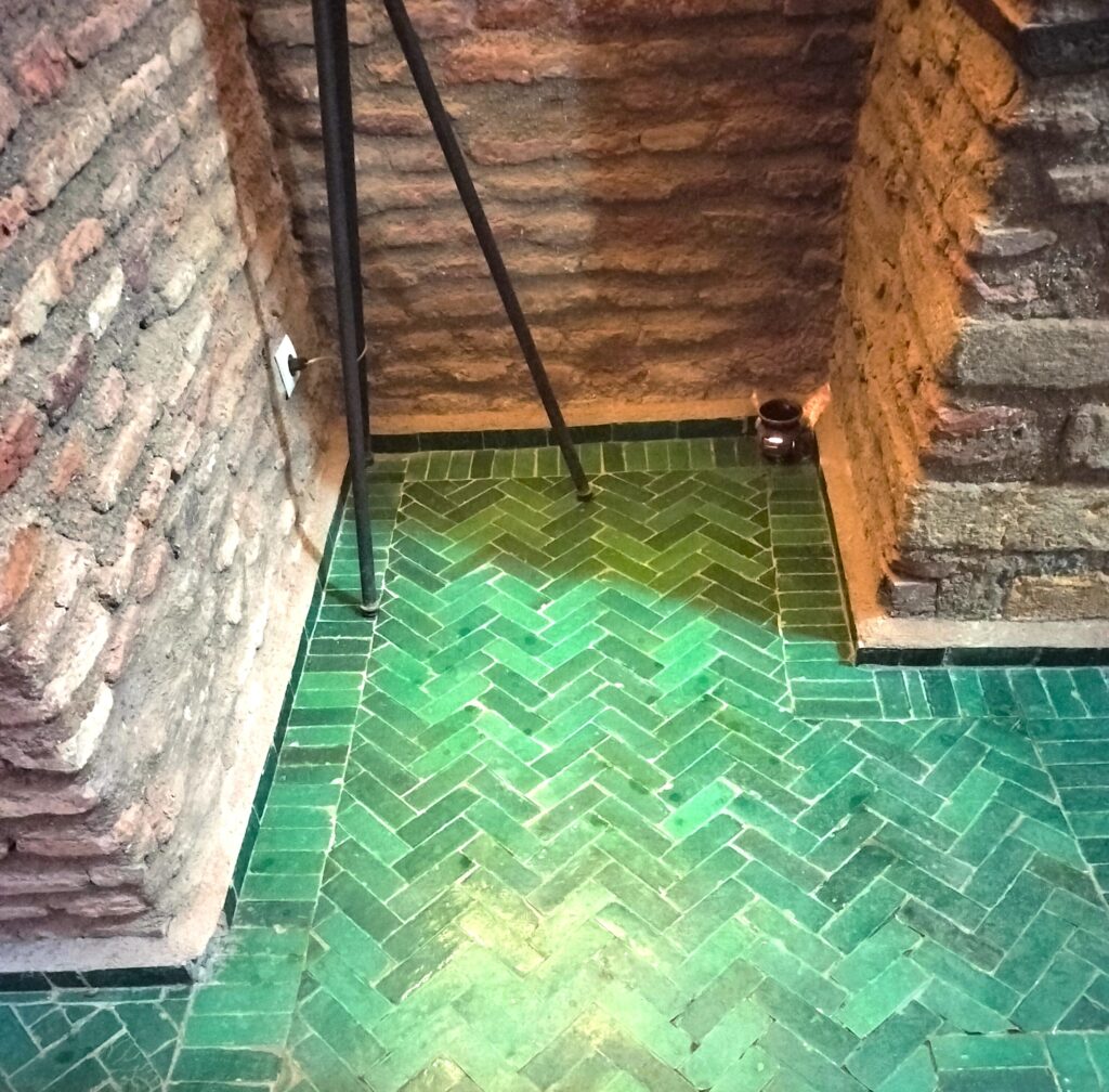 Authentic handmade Bejmat tiles in green, from Fez. Rich texture, natural clay & glossy glaze—perfect for floors, splashbacks & feature spaces