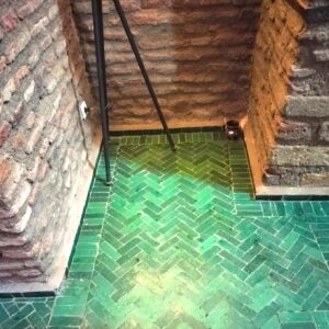 Bejmat-tiles-green-terracotta Authentic handmade Bejmat tiles in green, from Fez. Rich texture, natural clay & glossy glaze—perfect for floors, splashbacks & feature spaces