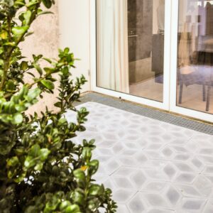 Encaustic-cement-outdoor-patio-tiles-grey-diamond Handmade encaustic paving tiles, developed and patented by Villa Tiles. Unique designs, marble wear layer, 28/40 mm thickness - outdoor durability