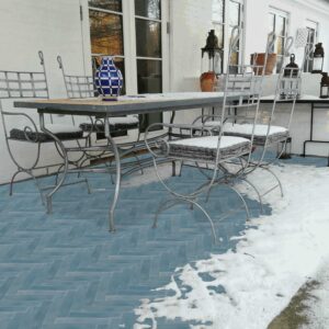Encaustic-cement-outdoor-patio-tiles-grey-herringbone Handmade encaustic paving tiles, developed and patented by Villa Tiles. Unique designs, marble wear layer, 28/40 mm thickness - outdoor durability
