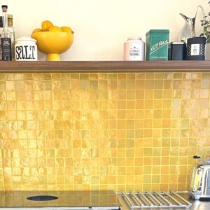 Zellige-tiles-yellow-kichen-5×5 Authentic handmade Zellige tiles in yellow from Fez. Rich texture, natural clay & glossy glaze—perfect for walls, splashbacks & feature spaces