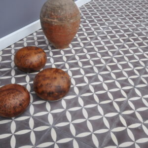 encaustic-cement-tiles-aubergine-brown-pattern-mogador This handmade encaustic cement tile in classic style brings timeless elegance to your interior. A refined European pattern in Nordic colors.
