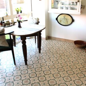 encaustic-cement-tiles-beige-green-art-nouveau This handmade encaustic cement tile in Art Nouveau style brings timeless elegance to your interior. A classic European pattern in Nordic colors.