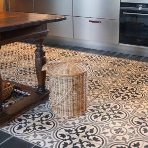 encaustic-cement-tiles-black-white-royal-kitchen This handmade encaustic cement tile in classic style brings timeless elegance to your interior. A refined European pattern in Nordic colors.