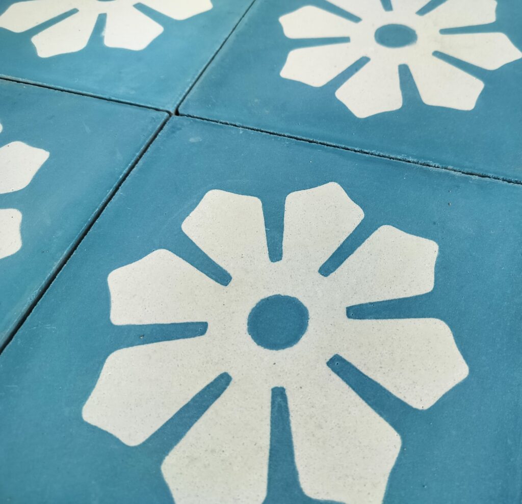 This handmade encaustic cement tile in Villa Tiles design, brings contemporary impressions to your interior. A refined pattern in Nordic colors.