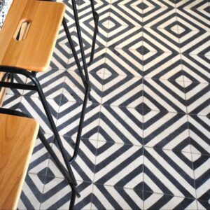 This handmade encaustic cement tile in contemporay style brings timeless elegance to your interior. A refined geometric pattern in Nordic colors.