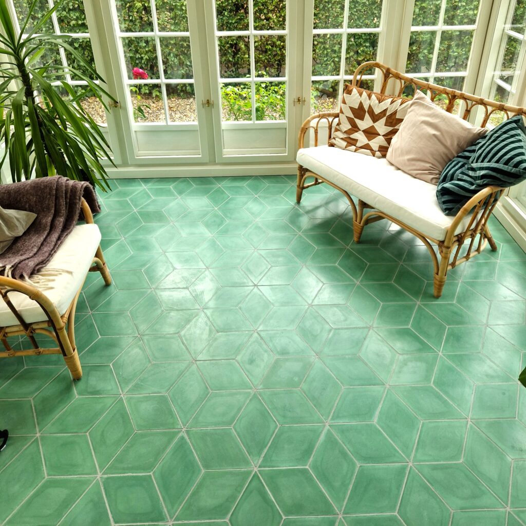 Handmade encaustic cement tiles in diamond shape - by Villa Tiles. Nordic color in green.