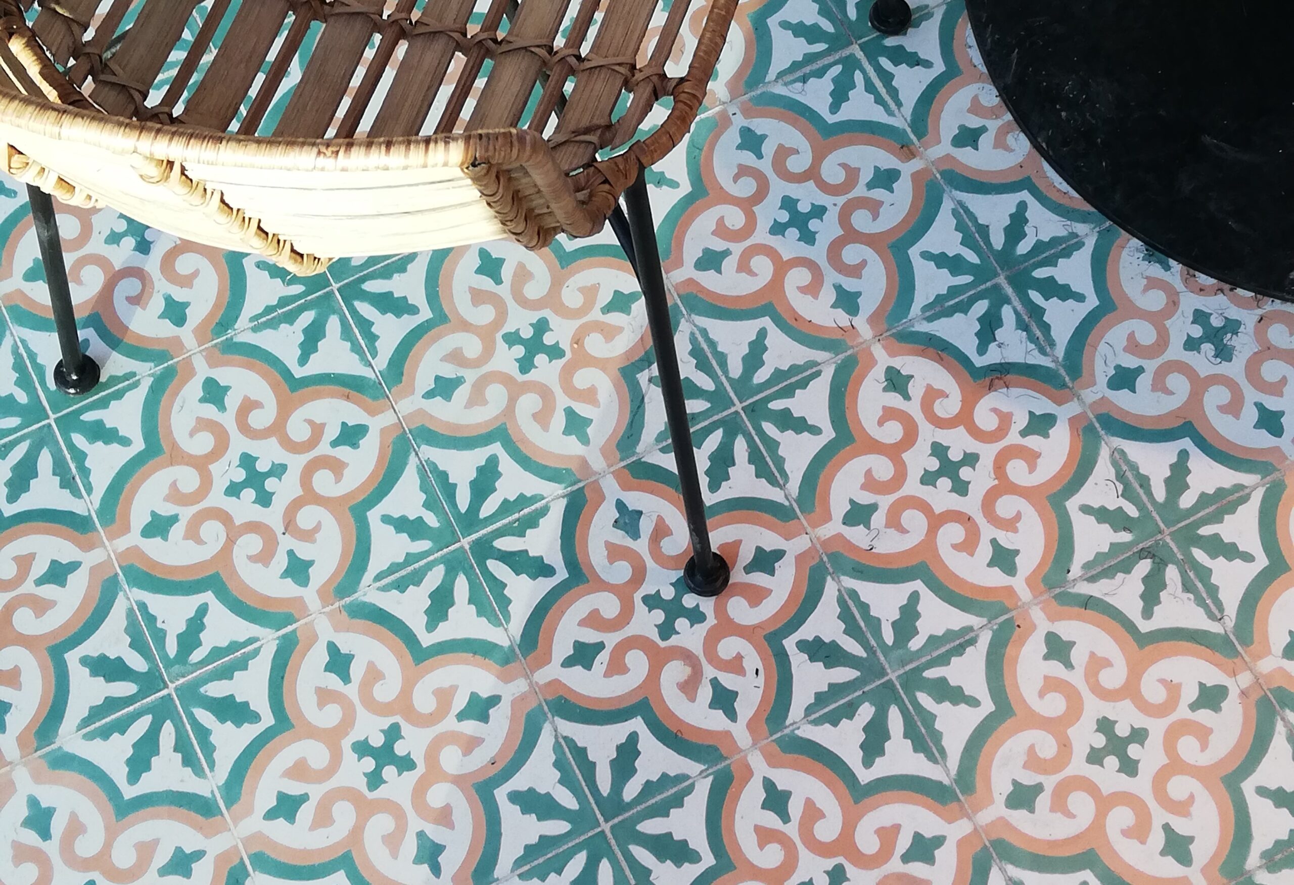 Handmade encaustic cement tiles in Nordic design colors and a timeless art nouveau pattern.