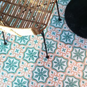 encaustic-cement-tiles-orange-green-restaurant This handmade encaustic cement tile in Art Nouveau style brings timeless elegance to your interior. A classic European pattern in Nordic colors.