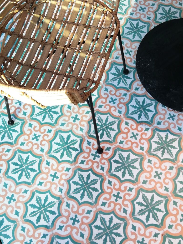 This handmade encaustic cement tile in Art Nouveau style brings timeless elegance to your interior. A classic European pattern in Nordic colors.