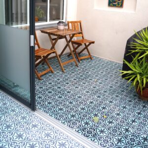 encaustic-cement-tiles-outdoors-blue-pattern-patio-tiles Handmade encaustic paving tiles, developed and patented by Villa Tiles. Unique designs, marble wear layer, 28/40 mm thickness - outdoor durability