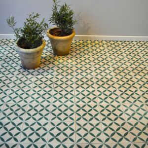 encaustic-cement-tiles-white-green-pattern-mogador This handmade encaustic cement tile in classic style brings timeless elegance to your interior. A refined European pattern in Nordic colors.